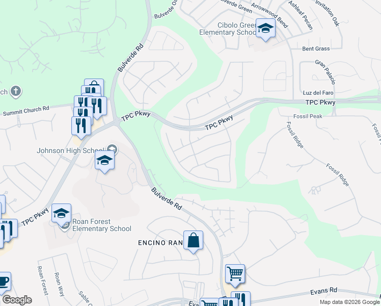 map of restaurants, bars, coffee shops, grocery stores, and more near 3411 Crest Noche Drive in San Antonio
