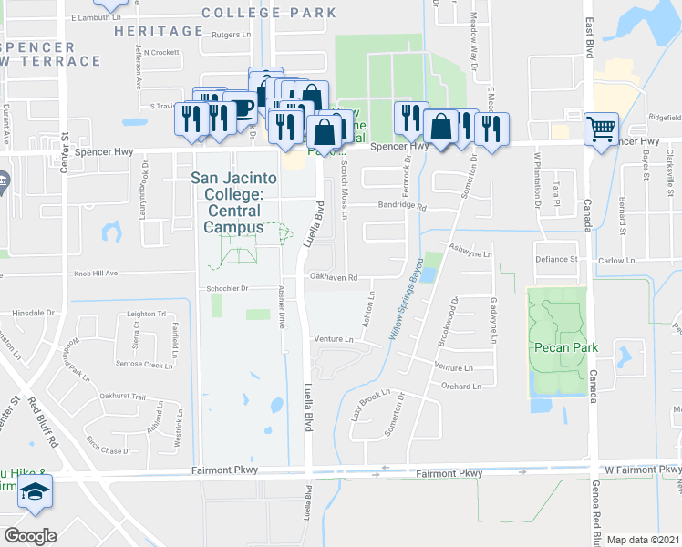 map of restaurants, bars, coffee shops, grocery stores, and more near 3346 Scotch Moss Lane in La Porte