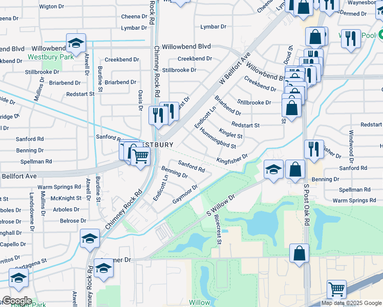 map of restaurants, bars, coffee shops, grocery stores, and more near 5242 Kingfisher Drive in Houston