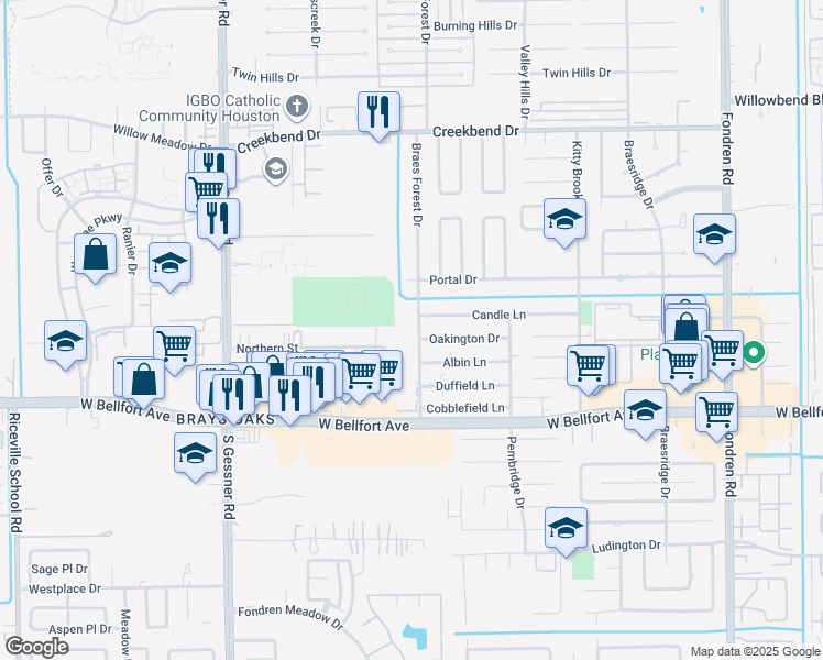 map of restaurants, bars, coffee shops, grocery stores, and more near 11014 Braes Forest Drive in Houston