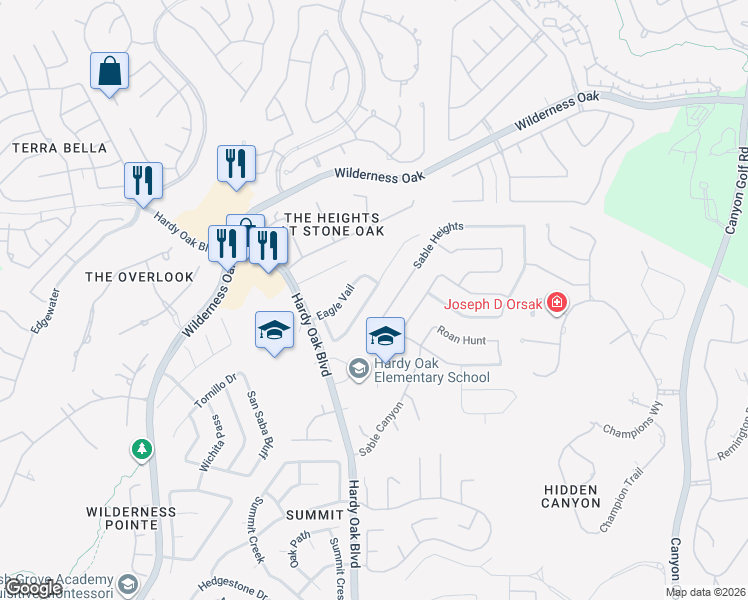 map of restaurants, bars, coffee shops, grocery stores, and more near 156 Eagle Vail in San Antonio