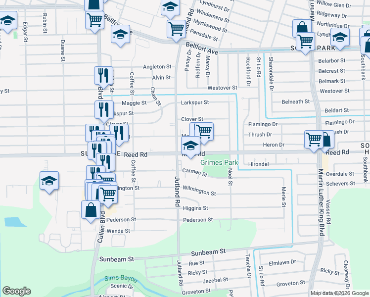 map of restaurants, bars, coffee shops, grocery stores, and more near 5026 Mallow Street in Houston