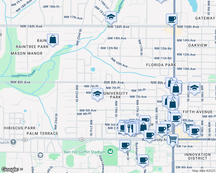 map of restaurants, bars, coffee shops, grocery stores, and more near 739 Northwest 20th Street in Gainesville