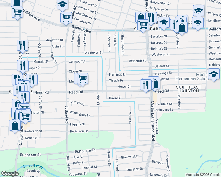 map of restaurants, bars, coffee shops, grocery stores, and more near 5402 Thrush Drive in Houston