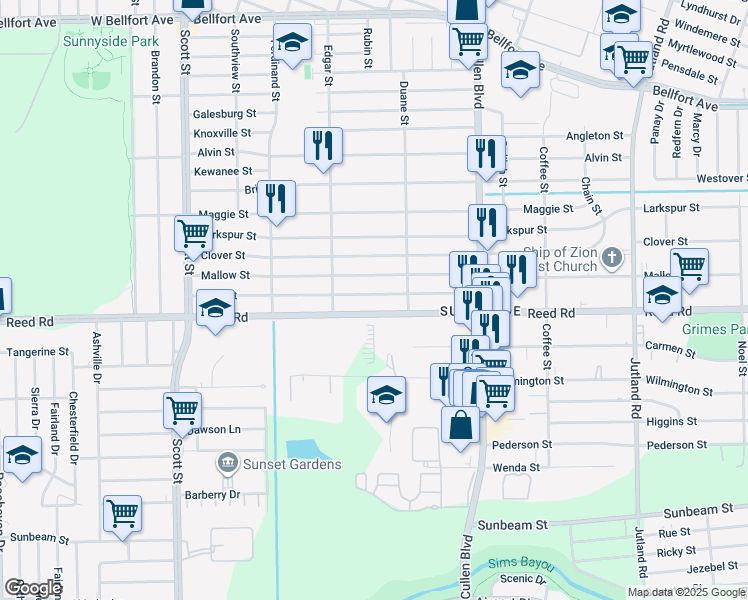 map of restaurants, bars, coffee shops, grocery stores, and more near 4513 Phlox Street in Houston