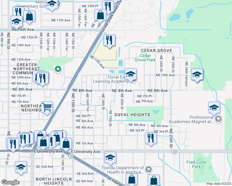 map of restaurants, bars, coffee shops, grocery stores, and more near 809 Northeast 19th Street in Gainesville