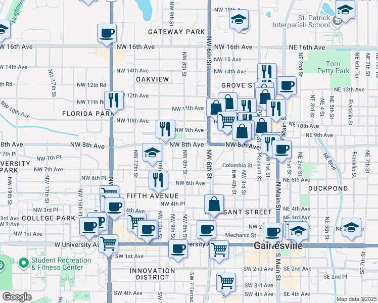 map of restaurants, bars, coffee shops, grocery stores, and more near 703 Northwest 8th Place in Gainesville