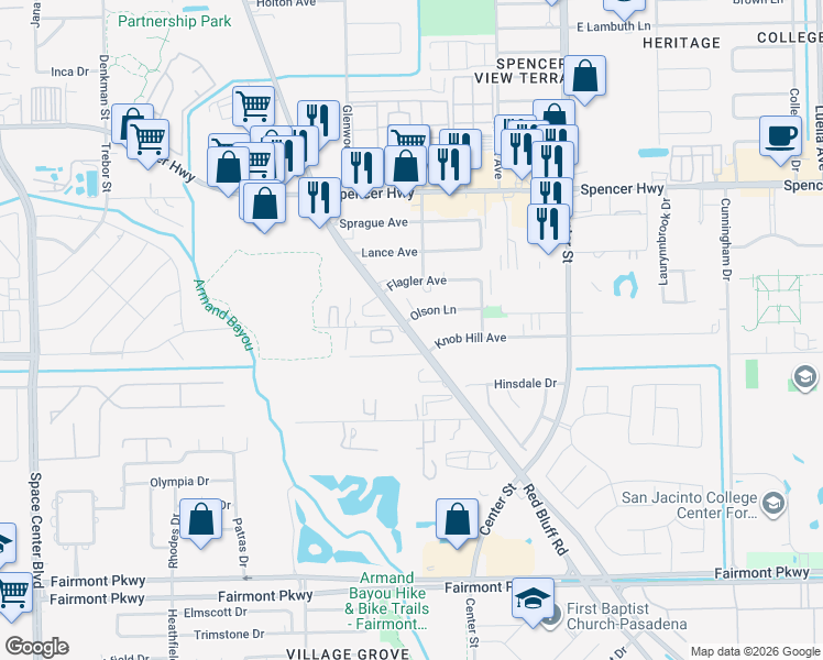 map of restaurants, bars, coffee shops, grocery stores, and more near 7202 Olson Lane in Pasadena