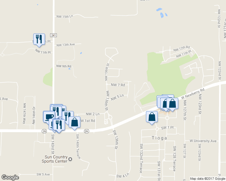 map of restaurants, bars, coffee shops, grocery stores, and more near 250 Northwest 136th Street in Newberry