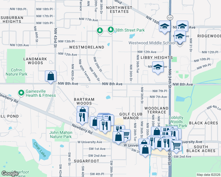 map of restaurants, bars, coffee shops, grocery stores, and more near 3825 Northwest 8th Avenue in Gainesville