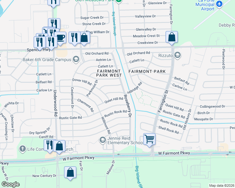 map of restaurants, bars, coffee shops, grocery stores, and more near 10119 Hillridge Road in La Porte