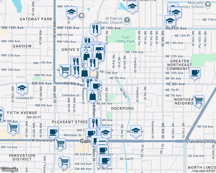 map of restaurants, bars, coffee shops, grocery stores, and more near 801 Northeast 2 Street in Gainesville