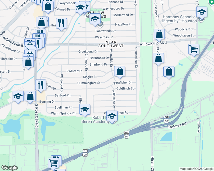 map of restaurants, bars, coffee shops, grocery stores, and more near 4530 Hummingbird Street in Houston