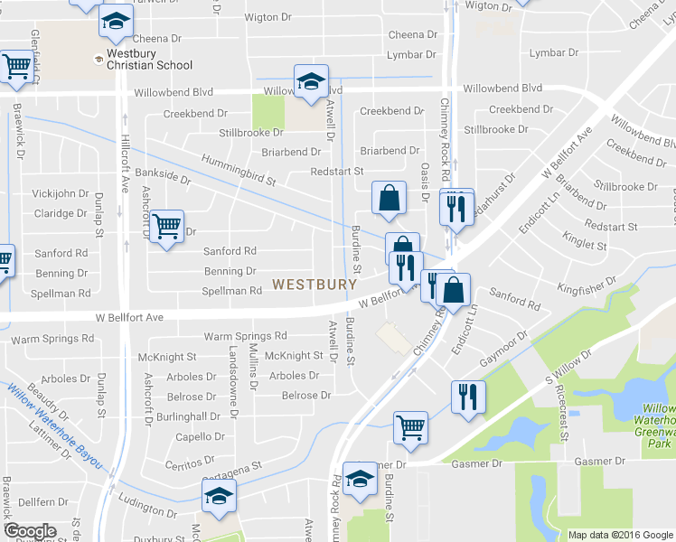 map of restaurants, bars, coffee shops, grocery stores, and more near 11106 Atwell Drive in Houston