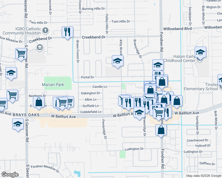 map of restaurants, bars, coffee shops, grocery stores, and more near 7818 Candle Lane in Houston