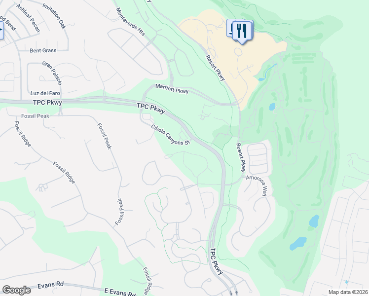 map of restaurants, bars, coffee shops, grocery stores, and more near Cibolo Canyons Street in San Antonio