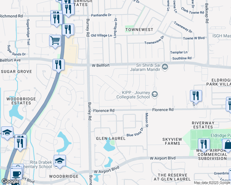 map of restaurants, bars, coffee shops, grocery stores, and more near 14114 Blue Falls Drive in Sugar Land