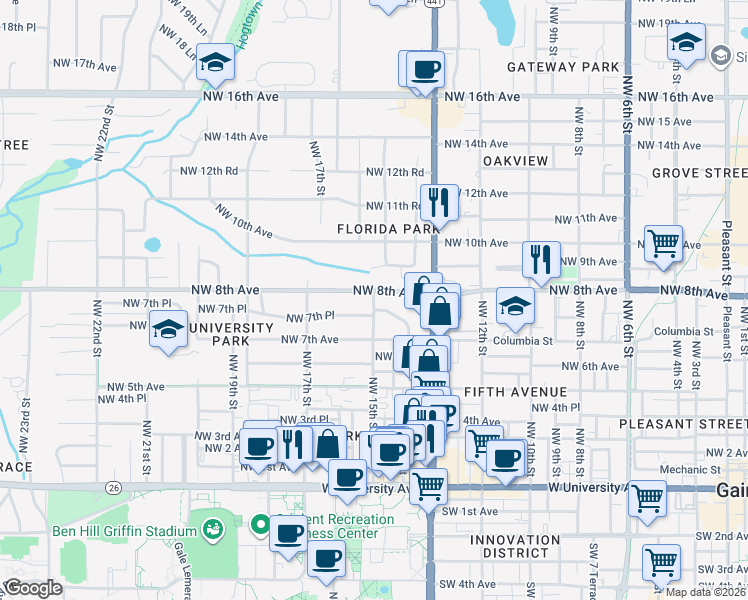 map of restaurants, bars, coffee shops, grocery stores, and more near 776 Northwest 15th Street in Gainesville