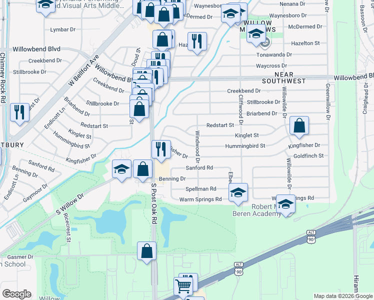 map of restaurants, bars, coffee shops, grocery stores, and more near 4825 Hummingbird Street in Houston
