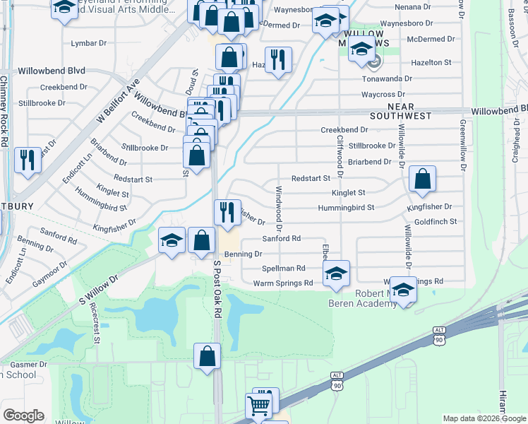 map of restaurants, bars, coffee shops, grocery stores, and more near 4825 Hummingbird Street in Houston