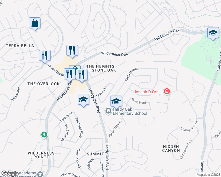 map of restaurants, bars, coffee shops, grocery stores, and more near 156 Eagle Vail in San Antonio