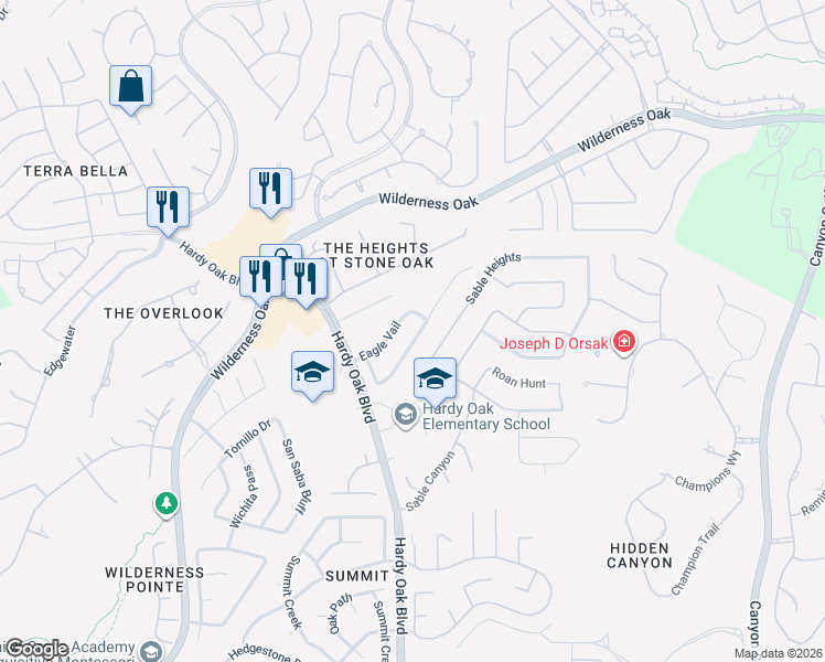 map of restaurants, bars, coffee shops, grocery stores, and more near 156 Eagle Vail in San Antonio