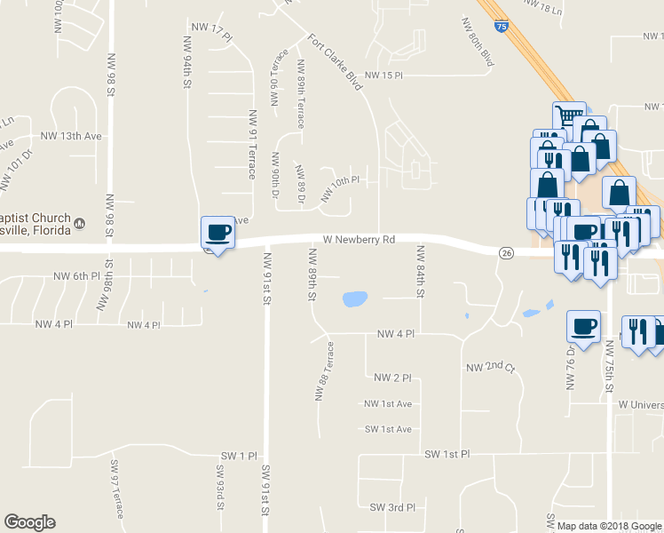 map of restaurants, bars, coffee shops, grocery stores, and more near 8801 West Newberry Road in Gainesville