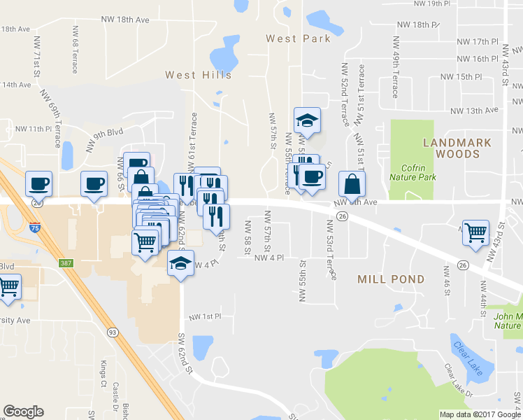 map of restaurants, bars, coffee shops, grocery stores, and more near 722 Northwest 57th Street in Gainesville