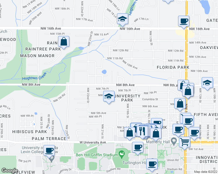 map of restaurants, bars, coffee shops, grocery stores, and more near 2036 Northwest 7th Place in Gainesville