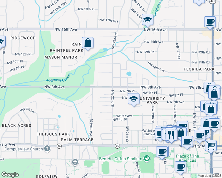 map of restaurants, bars, coffee shops, grocery stores, and more near 2222 Northwest 8th Avenue in Gainesville