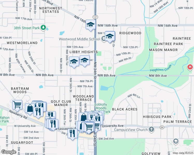 map of restaurants, bars, coffee shops, grocery stores, and more near 750 Northwest 34th Street in Gainesville