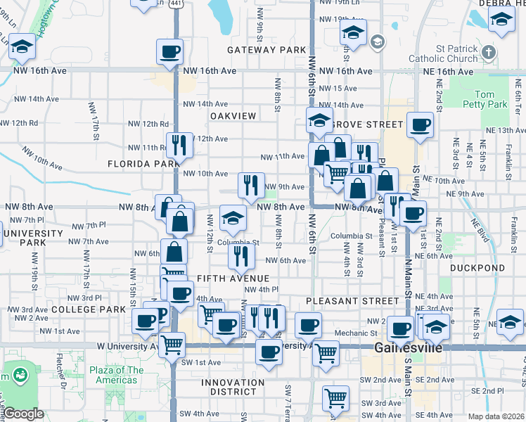 map of restaurants, bars, coffee shops, grocery stores, and more near 810 Northwest 8th Avenue in Gainesville