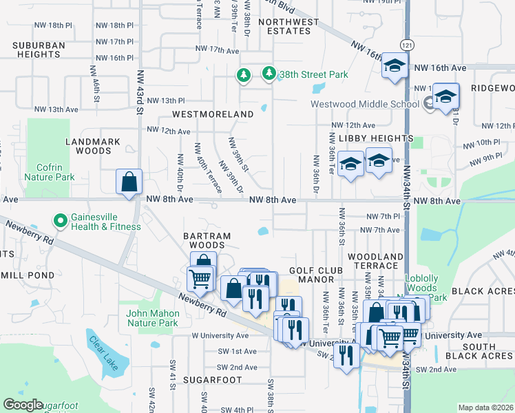 map of restaurants, bars, coffee shops, grocery stores, and more near 3825 Northwest 8th Avenue in Gainesville