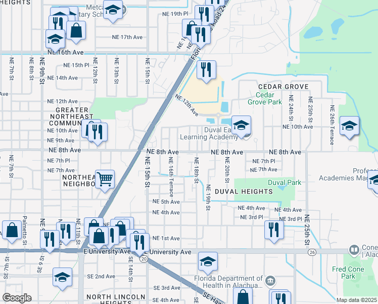 map of restaurants, bars, coffee shops, grocery stores, and more near 813 Northeast 17th Drive in Gainesville