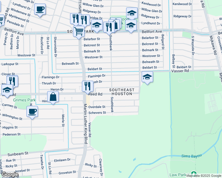 map of restaurants, bars, coffee shops, grocery stores, and more near 5803 Heron Drive in Houston