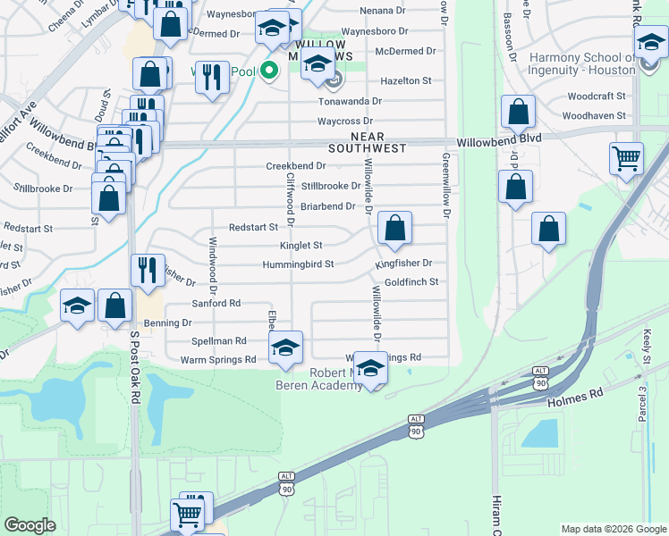 map of restaurants, bars, coffee shops, grocery stores, and more near 4530 Hummingbird Street in Houston