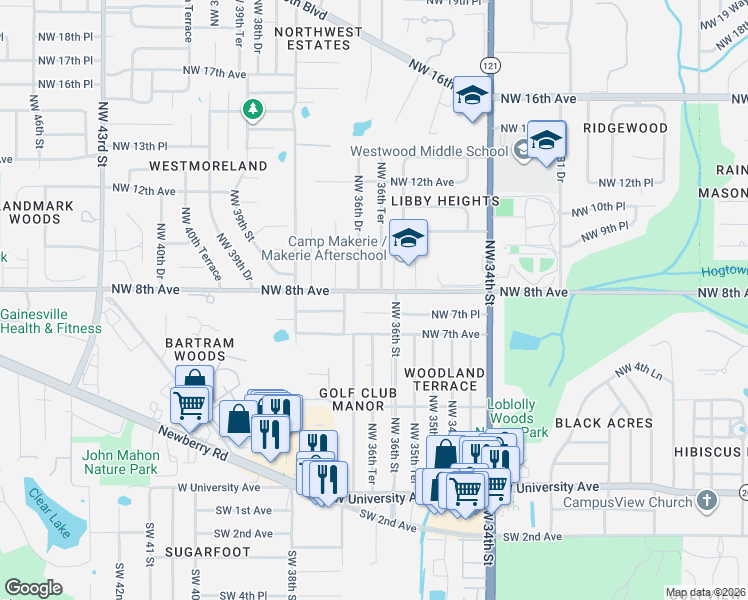 map of restaurants, bars, coffee shops, grocery stores, and more near 3637 Northwest 8th Avenue in Gainesville
