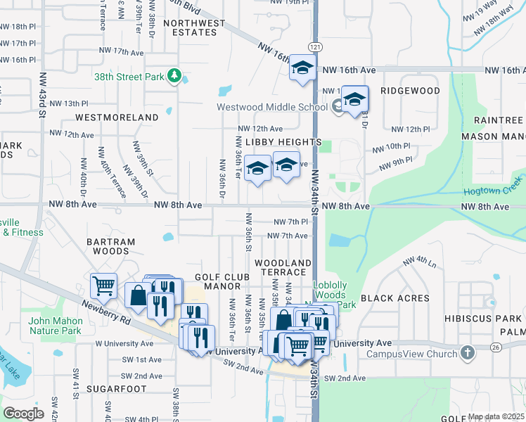 map of restaurants, bars, coffee shops, grocery stores, and more near 3525 Northwest 8th Avenue in Gainesville