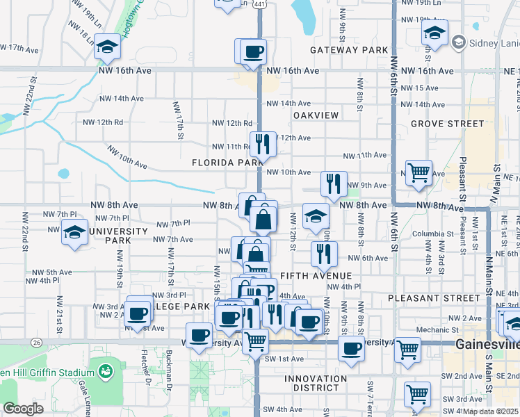 map of restaurants, bars, coffee shops, grocery stores, and more near 833 Northwest 13th Street in Gainesville