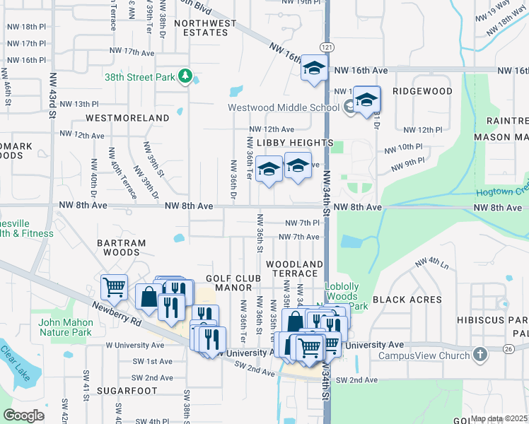 map of restaurants, bars, coffee shops, grocery stores, and more near 3525 Northwest 8th Avenue in Gainesville