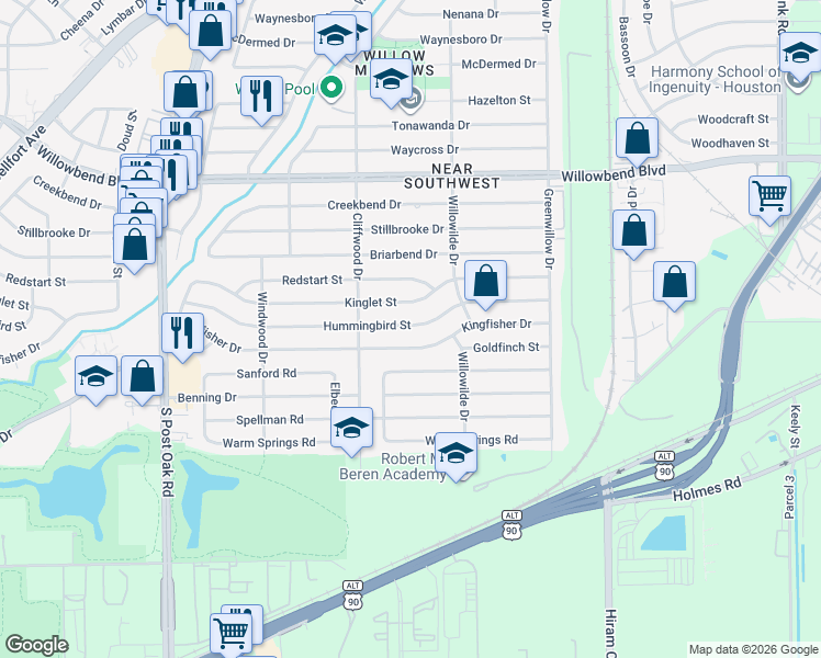 map of restaurants, bars, coffee shops, grocery stores, and more near 4530 Hummingbird Street in Houston