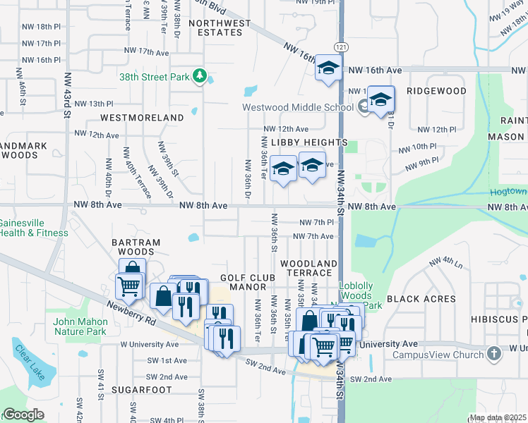 map of restaurants, bars, coffee shops, grocery stores, and more near 3627 Northwest 8th Avenue in Gainesville