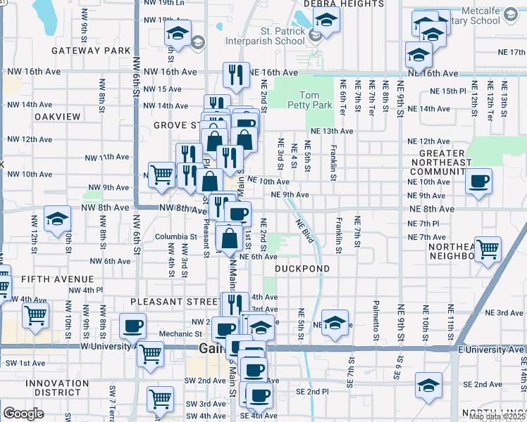 map of restaurants, bars, coffee shops, grocery stores, and more near 801 Northeast 2 Street in Gainesville