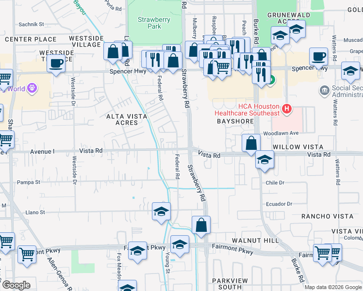 map of restaurants, bars, coffee shops, grocery stores, and more near 3425 Federal Road in Pasadena
