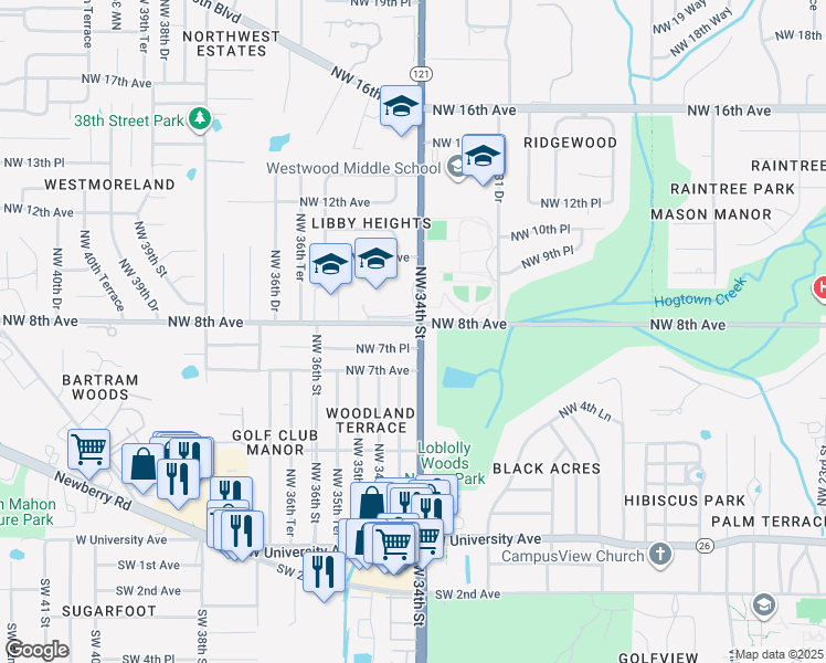 map of restaurants, bars, coffee shops, grocery stores, and more near 750 Northwest 34th Street in Gainesville
