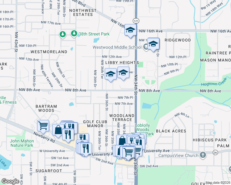 map of restaurants, bars, coffee shops, grocery stores, and more near 3525 Northwest 8th Avenue in Gainesville