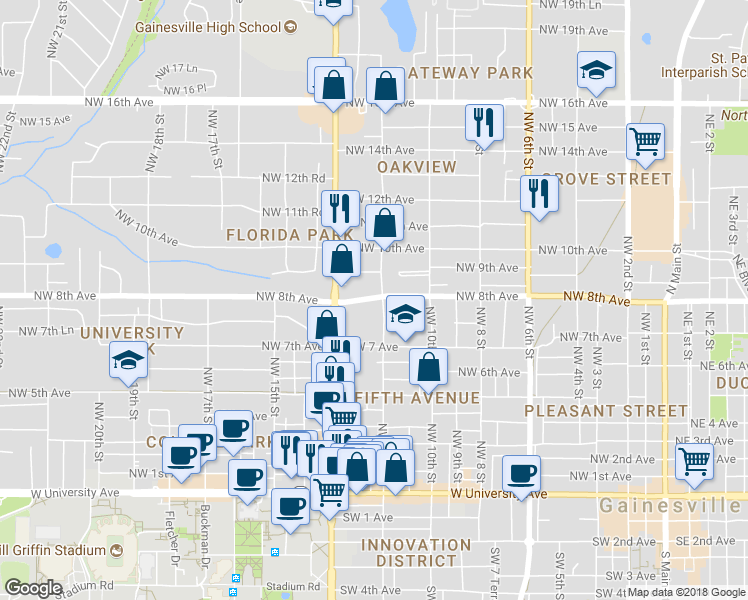 map of restaurants, bars, coffee shops, grocery stores, and more near 1215 Northwest 8th Avenue in Gainesville