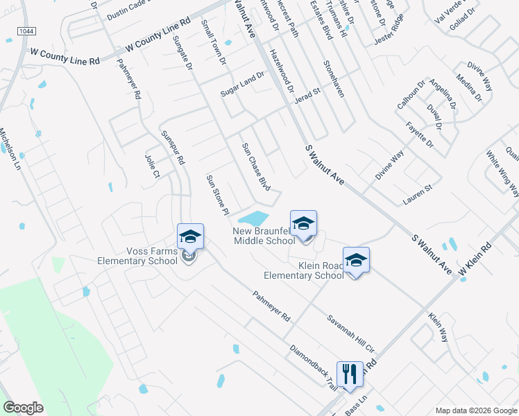 map of restaurants, bars, coffee shops, grocery stores, and more near 2290 Sungate Drive in New Braunfels