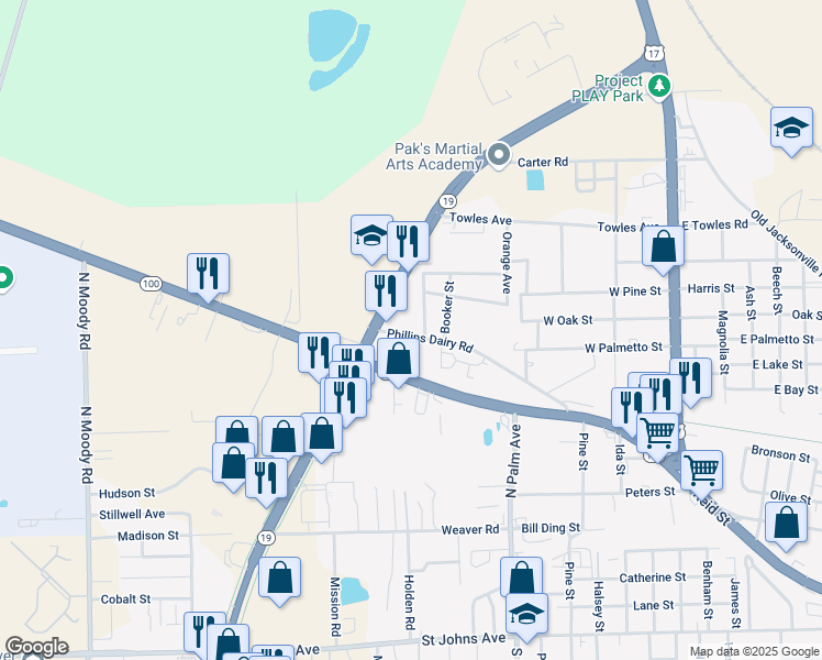 map of restaurants, bars, coffee shops, grocery stores, and more near 106 Bethune Street in Palatka