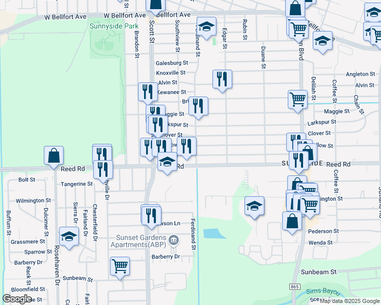 map of restaurants, bars, coffee shops, grocery stores, and more near 4206 Mallow Street in Houston